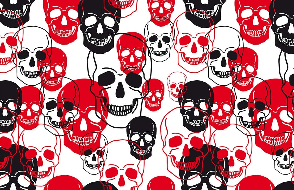 Papier peint mural tête de squelette avec motif de crânes noirs rouges et outlines