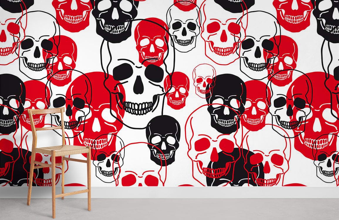 Papier peint mural tête de squelette rouge, noir et blanc pour décoration murale