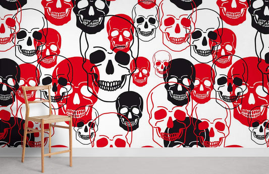 Papier peint mural tête de squelette rouge, noir et blanc pour décoration murale