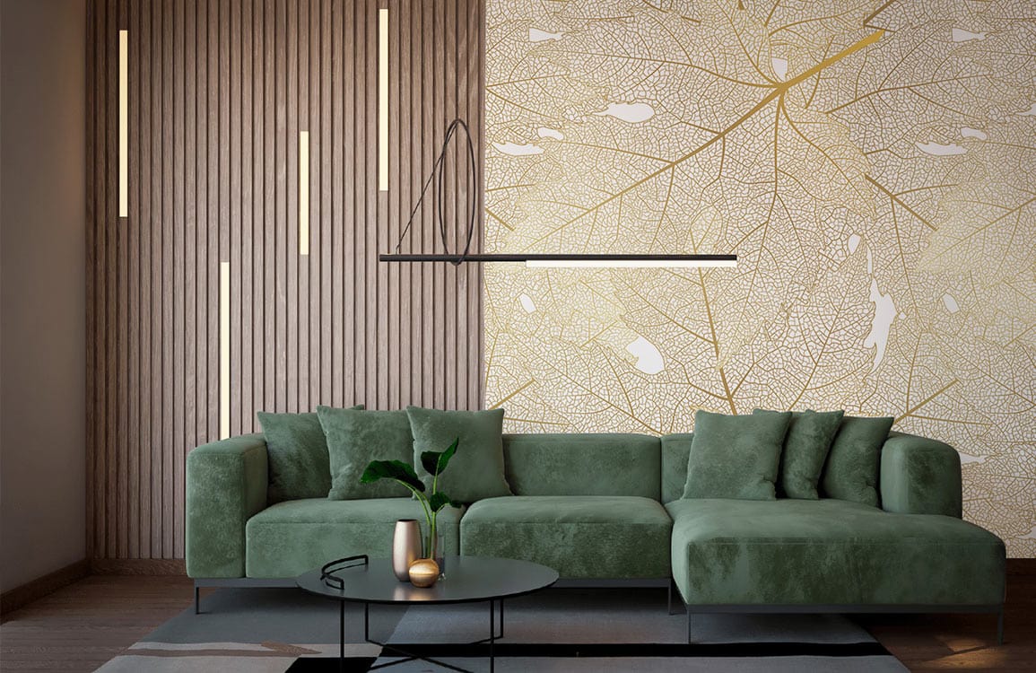 Canapé sectionnel en peluche vert avec papier peint mural texture de feuilles pour décoration intérieure