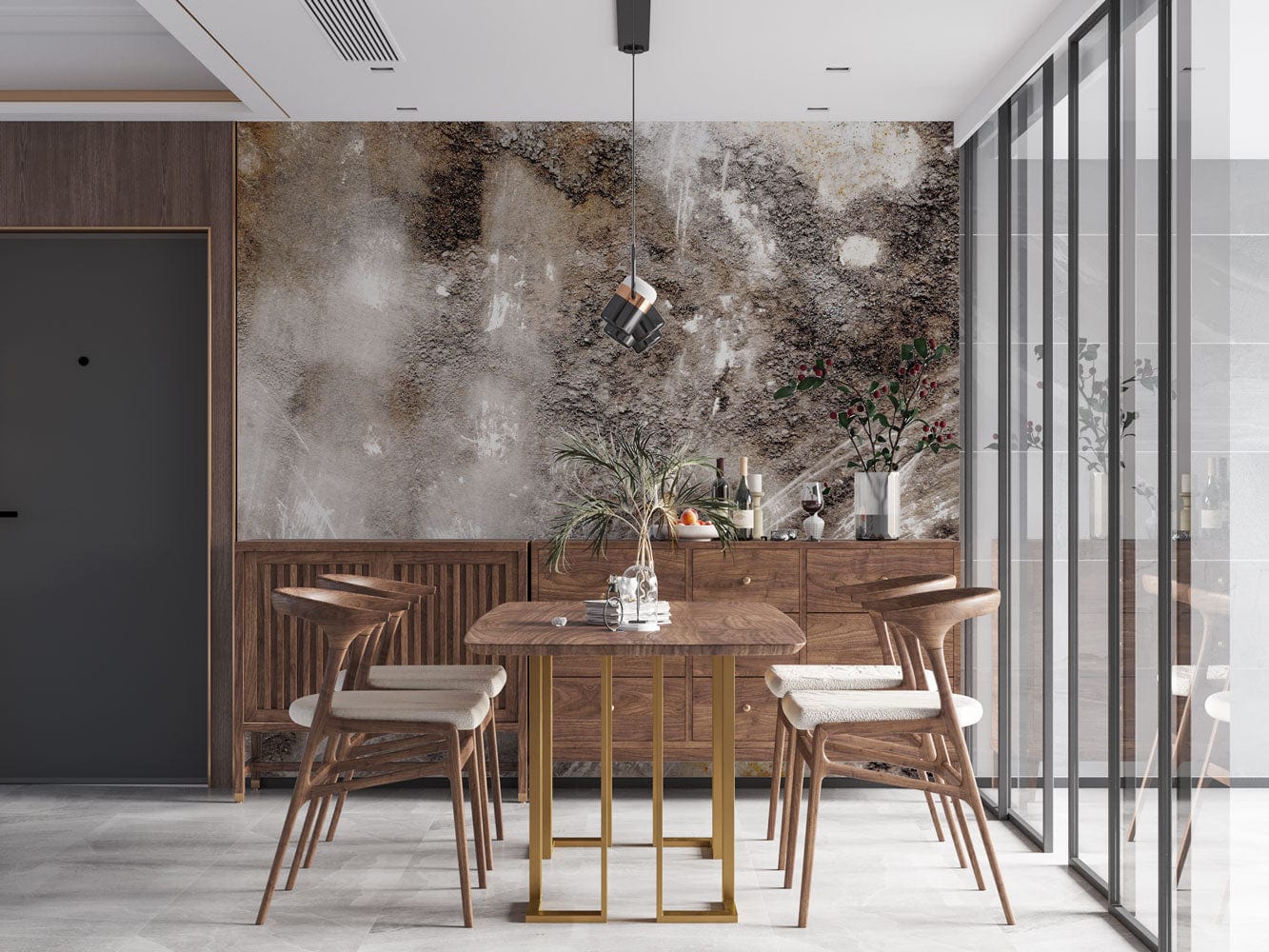 Photo d’un mobilier de salle à manger avec un papier peint mural texturé marbré