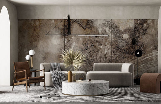 Arrangement de mobilier moderne avec papier peint mural texturé marbré pour salon élégant
