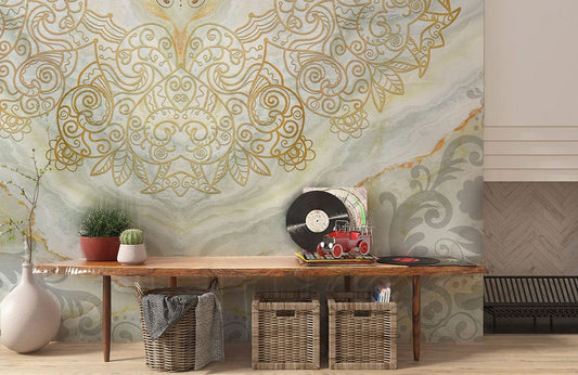 Peint mural totems cristal avec mur en marbre et motif mandala doré