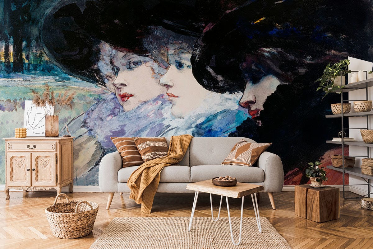 Sofa gris clair avec jambes en bois et couverture jaune moutarde, mural trois femmes de profil