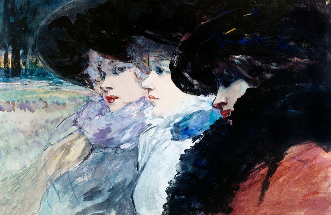 Papier peint mural avec trois femmes de profil portant chapeaux et col en fourrure