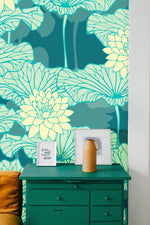 Papier peint mural turquoise fluorescent motif lotus - Vignette | Mr Papier Peint