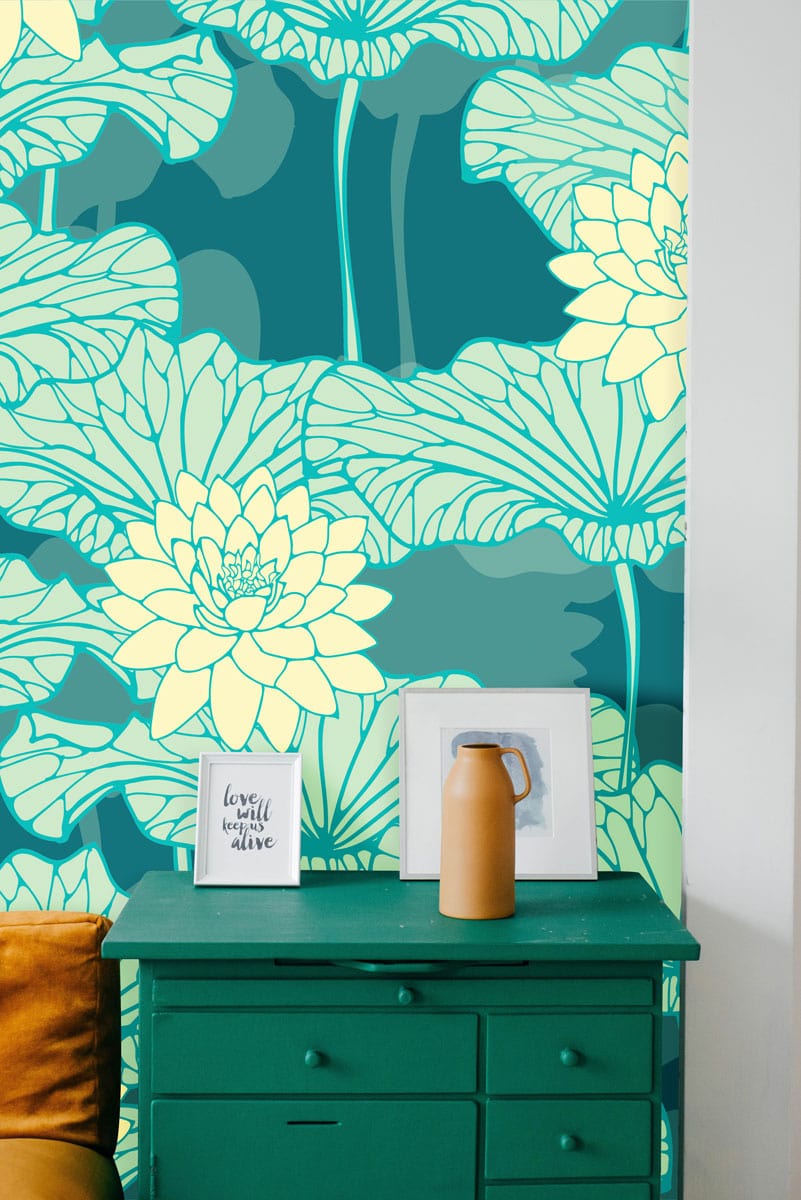 Papier peint mural turquoise fluorescent motif lotus - Le meilleur Papier peint panoramique Sur mesure