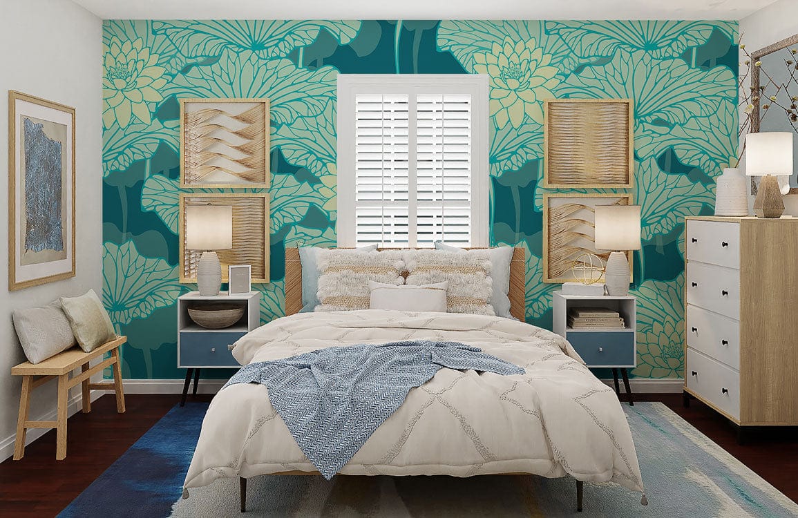 Papier peint mural turquoise fluorescent motif lotus - Le meilleur Papier peint panoramique Sur mesure