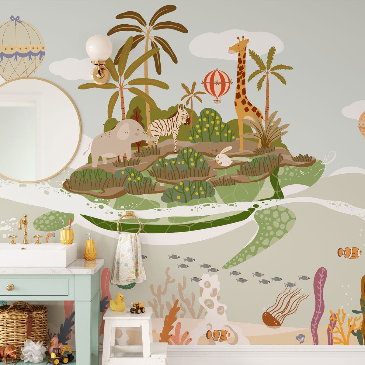 Peint mural Turtleland sur mer pour salle de bain enfant avec décor safari et sous-marin