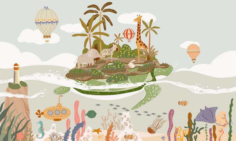 Illustration whimsical du peint mural Turtleland sur mer avec animaux, ballons et vie sous-marine
