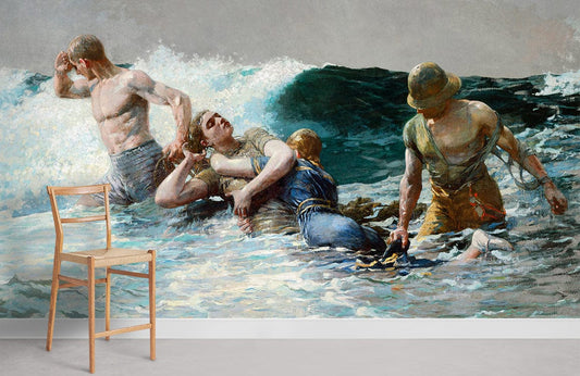 Tabouret en bois clair avec dossier à lattes, idéal pour le papier peint mural Undertow
