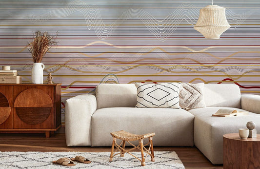 Canapé sectionnel moderne avec tissu texturé et coussins décoratifs, mural vague ombrée