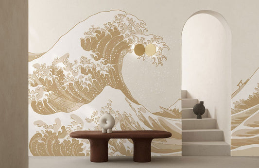 Peinture murale vagues pastel neutres, mural vagues stylisées en or et crème