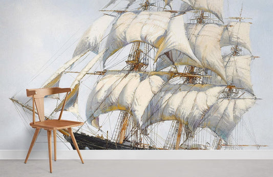 Chaise en bois clair avec dossier à lattes et jambes évasées pour peinture murale vaisseau