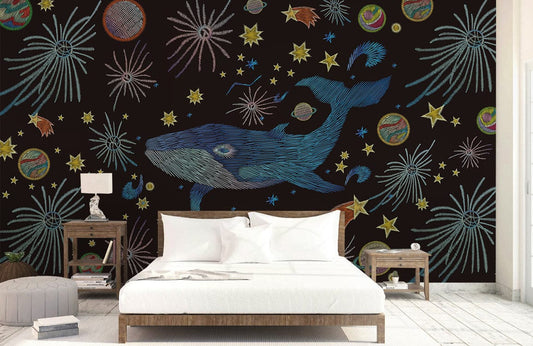 Peint mural avec mural vector baleine bleue dans une chambre moderne et relaxante