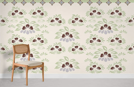 Chaise en bois avec dossier en cannage et siège rembourré, idéal pour le papier peint mural vert de Bon Augure