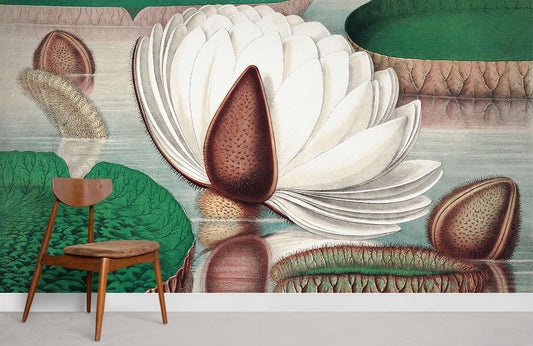 Chaise en bois avec siège beige pour murale Victoria Rejia III, papier peint mural