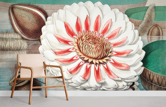 Papier peint mural Victoria Rejia avec fleurs blanches et rouges et chaise en bois clair