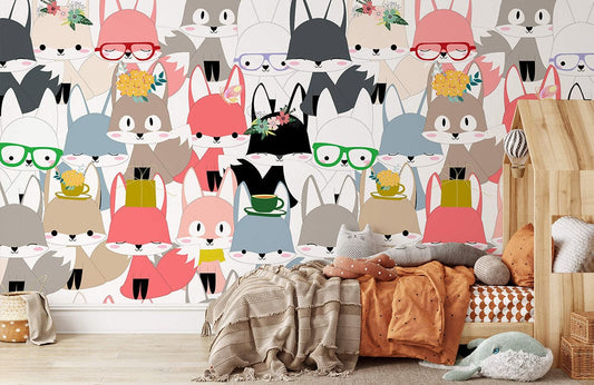 Peinture murale whimsical avec renards colorés pour papier peint mural vie des Renards