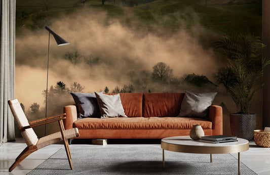 Canapé velours rustique avec coussins gris, idéal pour peinture murale montagne