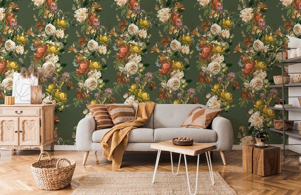 Sofa gris clair avec coussins et couverture, décor mural œuvre d’art papier peint mural