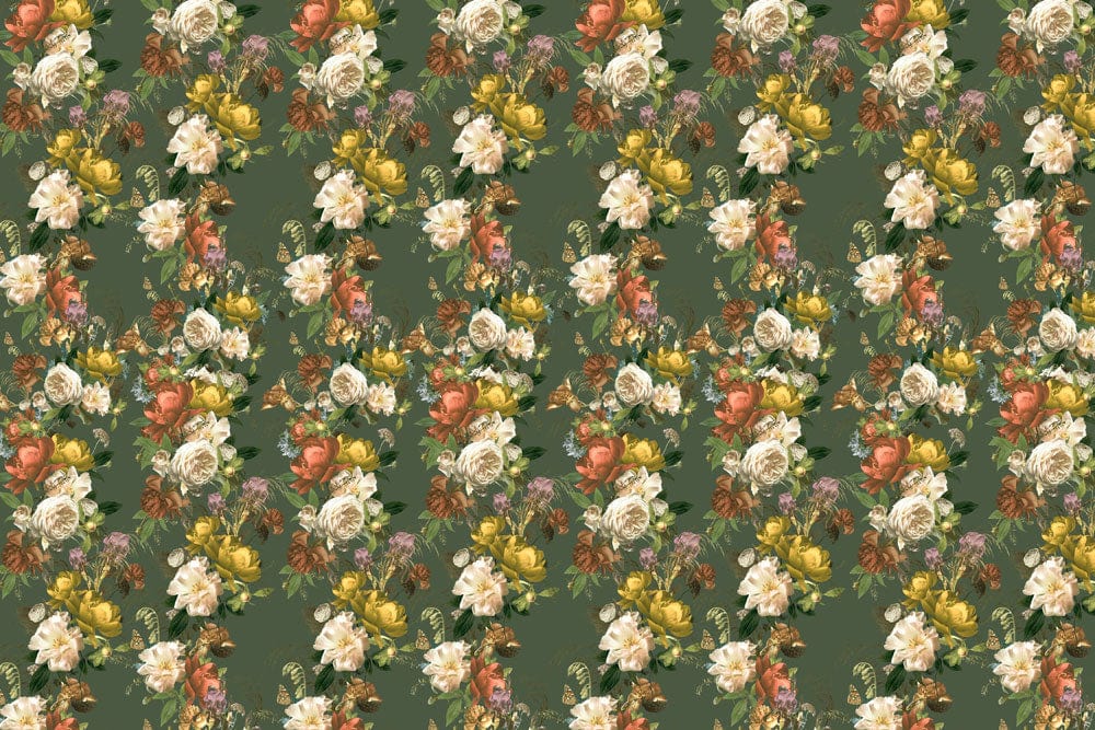 Papier peint mural avec motif floral sur fond vert foncé, œuvre d’art nature