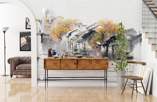 Console en bois avec portes coulissantes et jambes en métal noir pour mural village