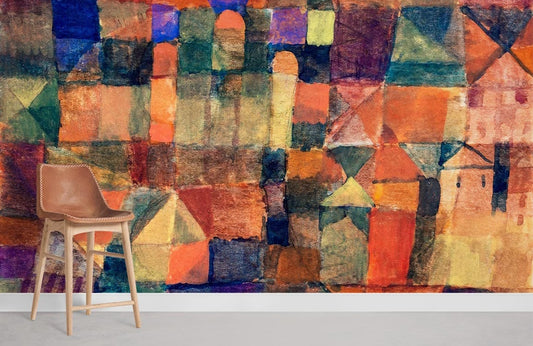 Chaise de bar moderne avec cadre en bois clair et siège marron, mural Ville aux Dômes