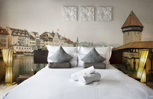 Papier peint mural Ville sur l’eau avec scène urbaine et intérieur élégant