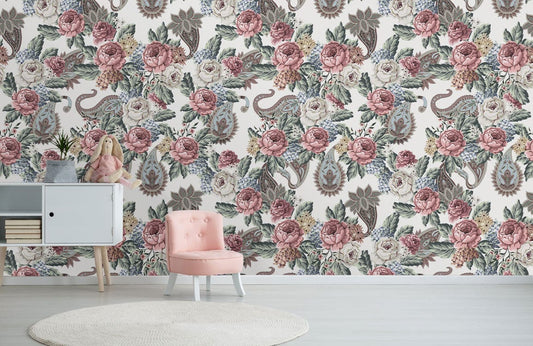 Papier peint mural vintage avec motifs floraux et paisley élégants pour décoration murale