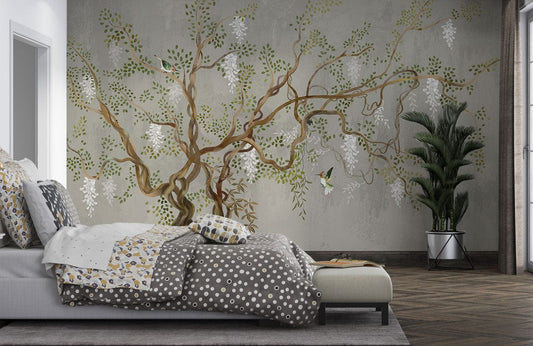 Image d’un lit avec literie à motifs dans un décor de papier peint mural vintage d’arbre à glycine II