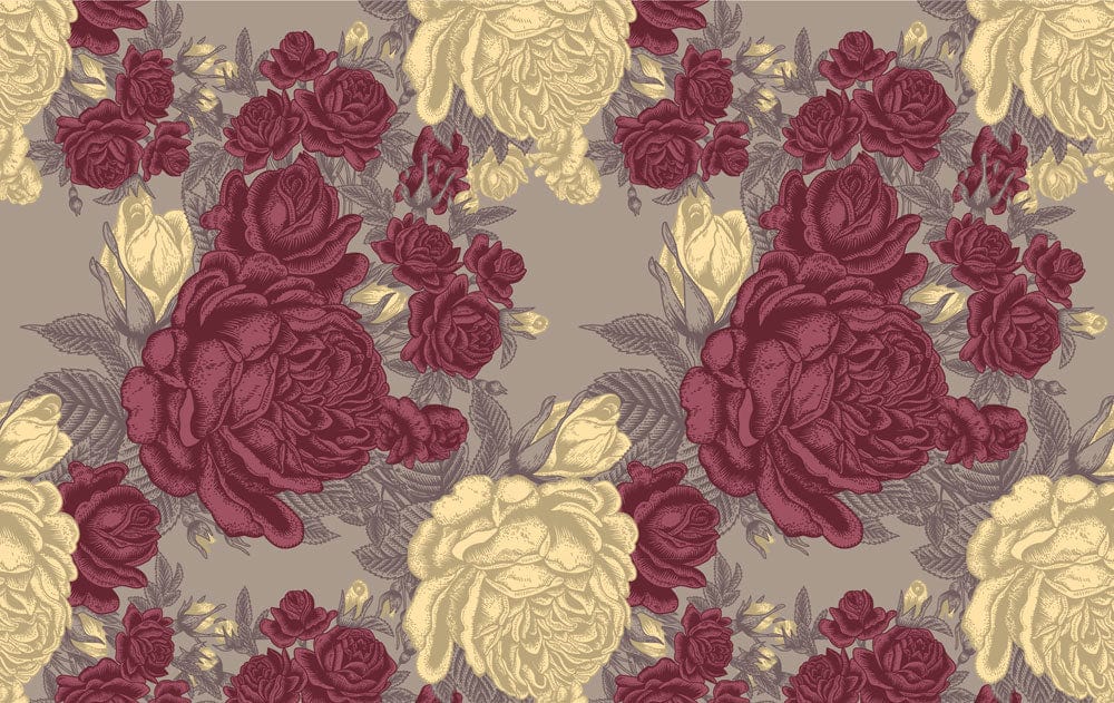 Papier peint mural vintage avec pivoines roses burgundy et crème sur fond taupe