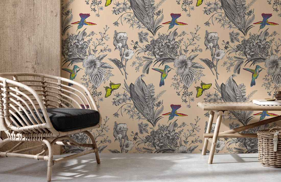 Papier peint mural vintage oiseaux avec fleurs tropicales, colibris et papillons colorés