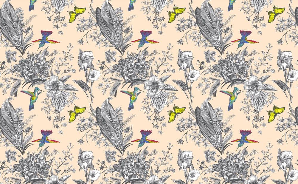 Papier peint mural vintage oiseaux avec fleurs, feuillage, colibris et papillons