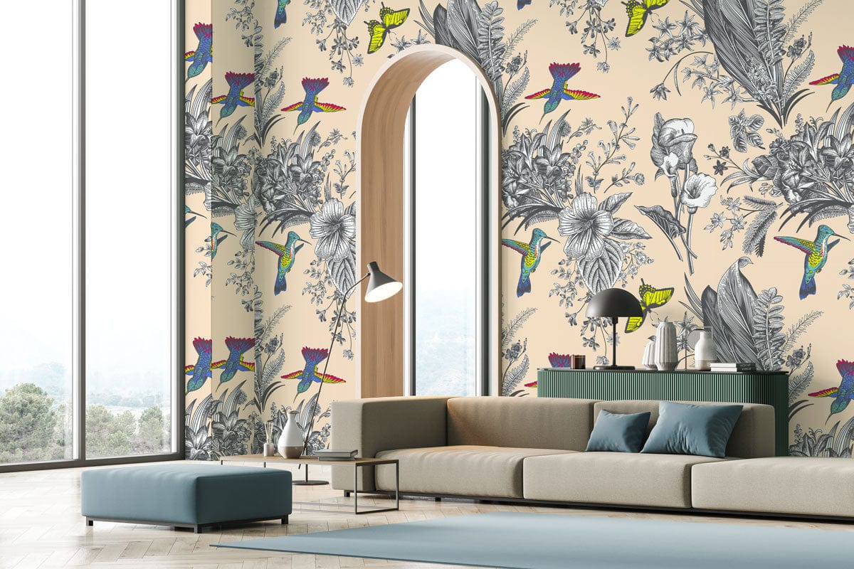 Photo d’un salon moderne avec papier peint mural vintage oiseaux et bouquets
