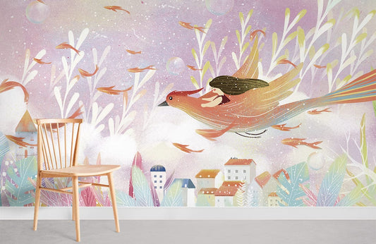 Peinture murale voyage avec fille sur oiseau volant, papier peint mural voyage océanique