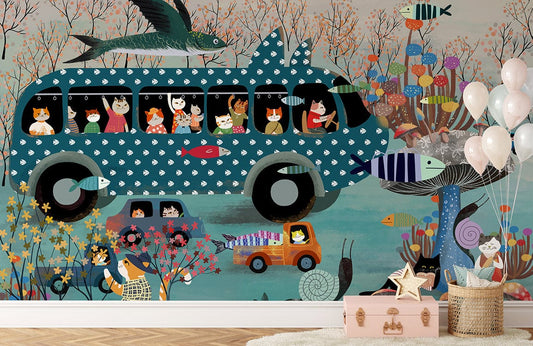 Peinture murale voyage avec animaux cartoon, arbres, champignons et ballons