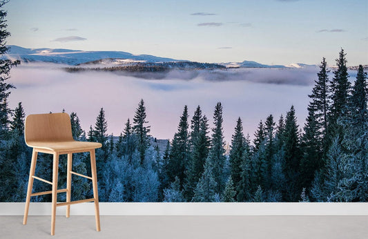 Barre de bar en bois clair avec siège rembourré, idéal pour papier peint mural vue du sommet de la montagne