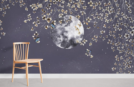 Chaise en bois clair avec dossier à lames pour le papier peint mural Vue Nocturne de la Lune