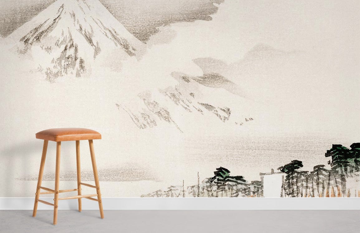Tabouret en bois avec siège en cuir marron, idéal pour mural Vue sur le Mont Fuji