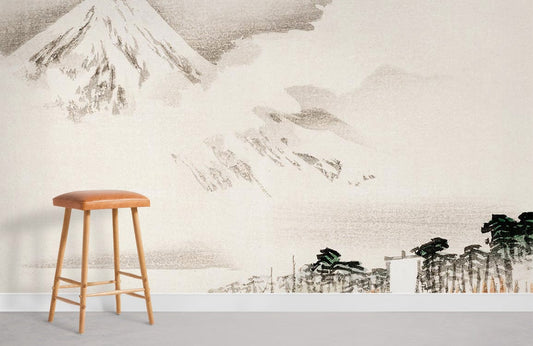Tabouret en bois avec siège en cuir marron, idéal pour mural Vue sur le Mont Fuji