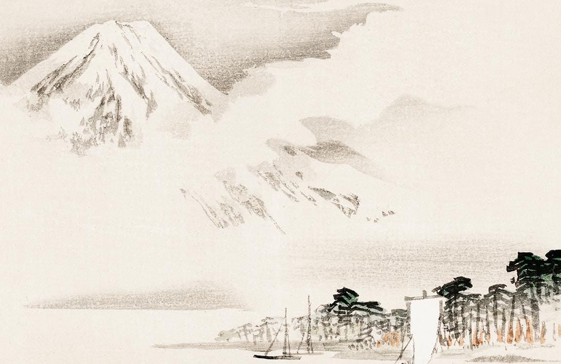 Papier peint mural Vue sur le mont Fuji avec paysage enneigé, lac et forêt
