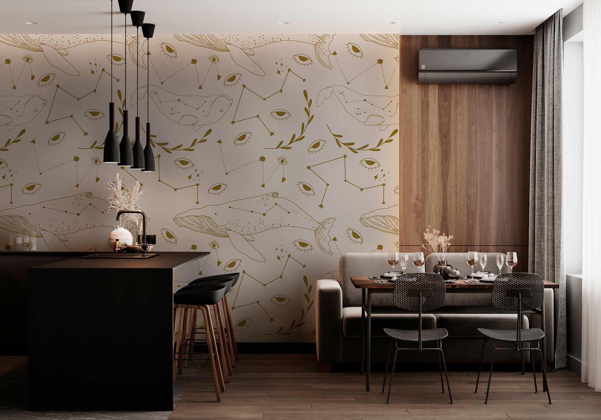 Papier peint mural artistique dans cuisine ouverte et salle à manger avec motif Baleines