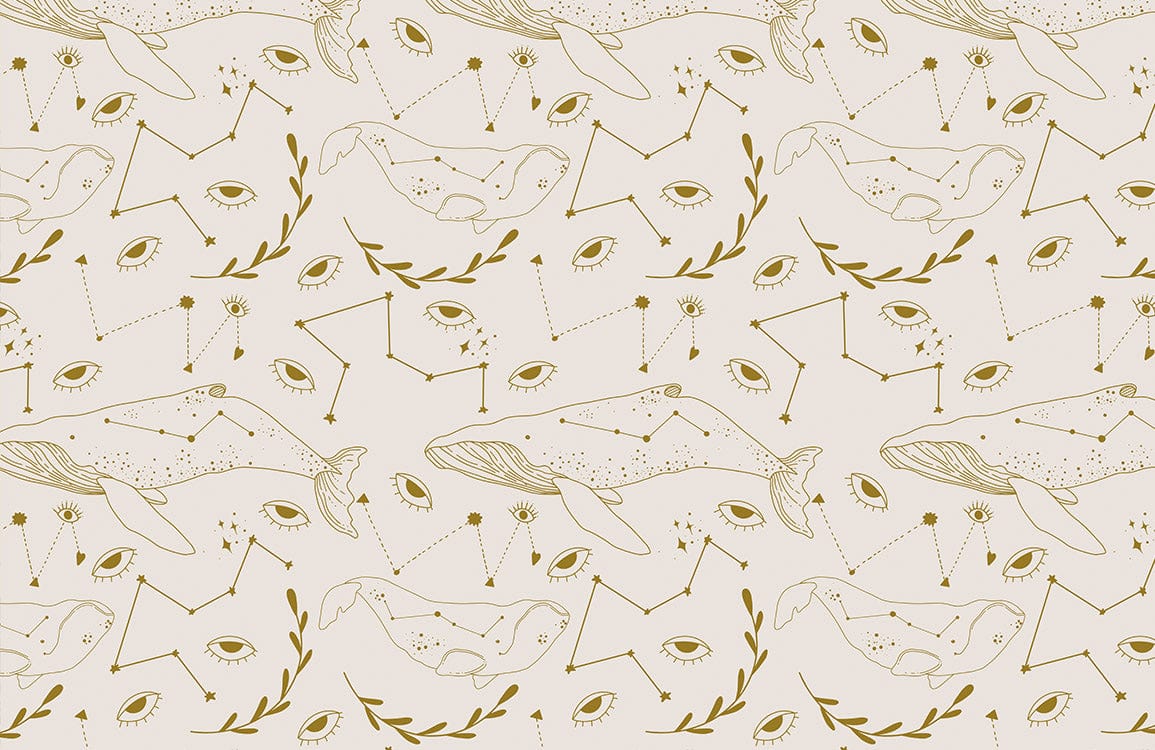 Papier peint mural avec motifs de baleines, constellations, yeux et feuilles sur fond clair