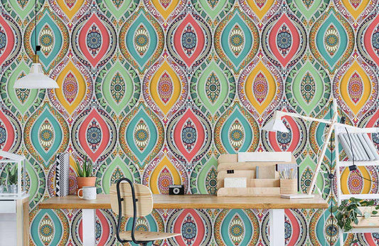 Peint mural yeux boho avec motif coloré et texture layered pour décoration intérieure