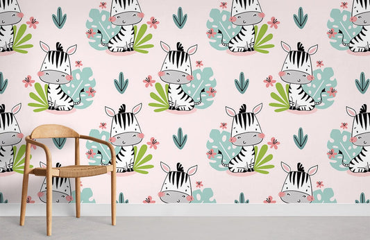 Papier peint mural zèbre rose avec motifs de zèbres mignons et feuilles tropicales