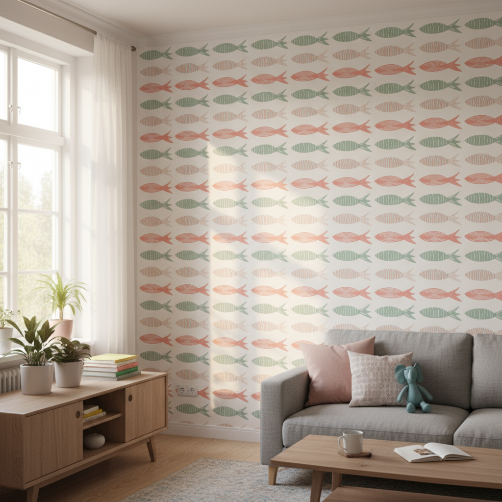 Papier peint Nage Colorée pastel calme, revêtement mural en motifs poissons pastel rose et vert sur blanc