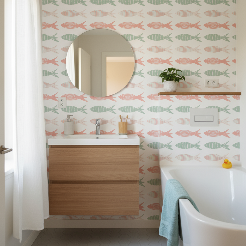Meuble-lavabo en bois flottant avec comptoir blanc et miroir rond, Papier Peint Nage Colorée pastel calme, revêtement mural sur mesure
