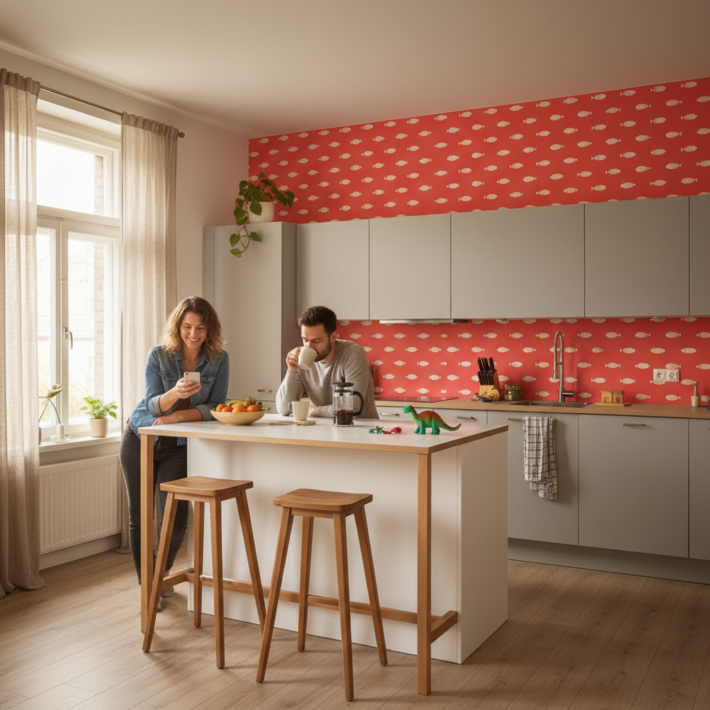 Papier peint panoramique de cuisine blanche minimaliste avec îlot et tabourets