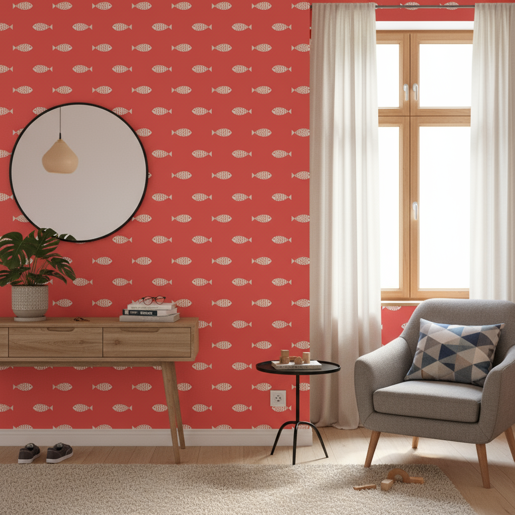 Papier peint panoramique motifs poissons corail sur fauteuil gris